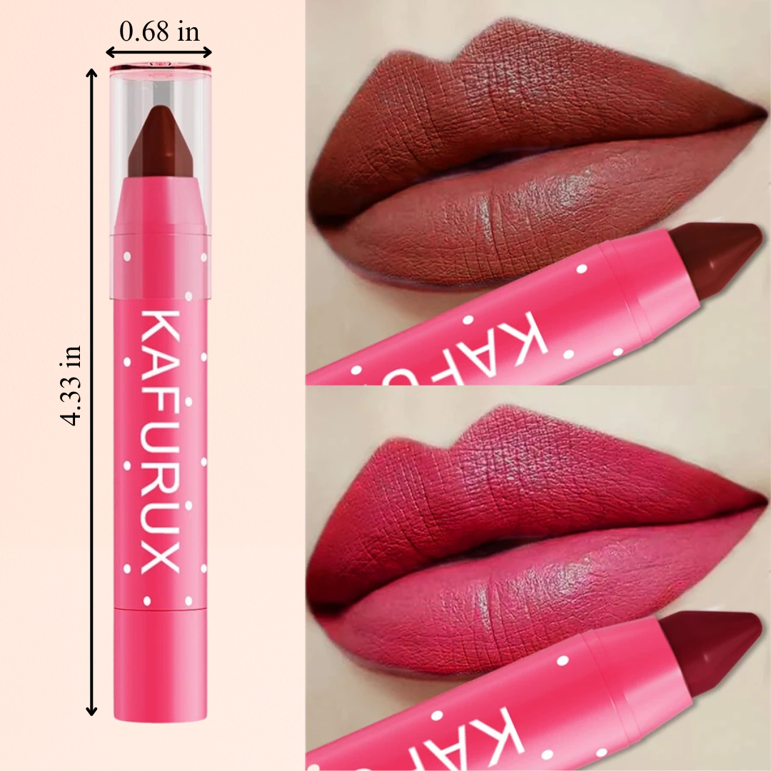 KAFURUX lipstick pencil size reference and dual-swatch display – rich matte coverage in vivid red and berry shades