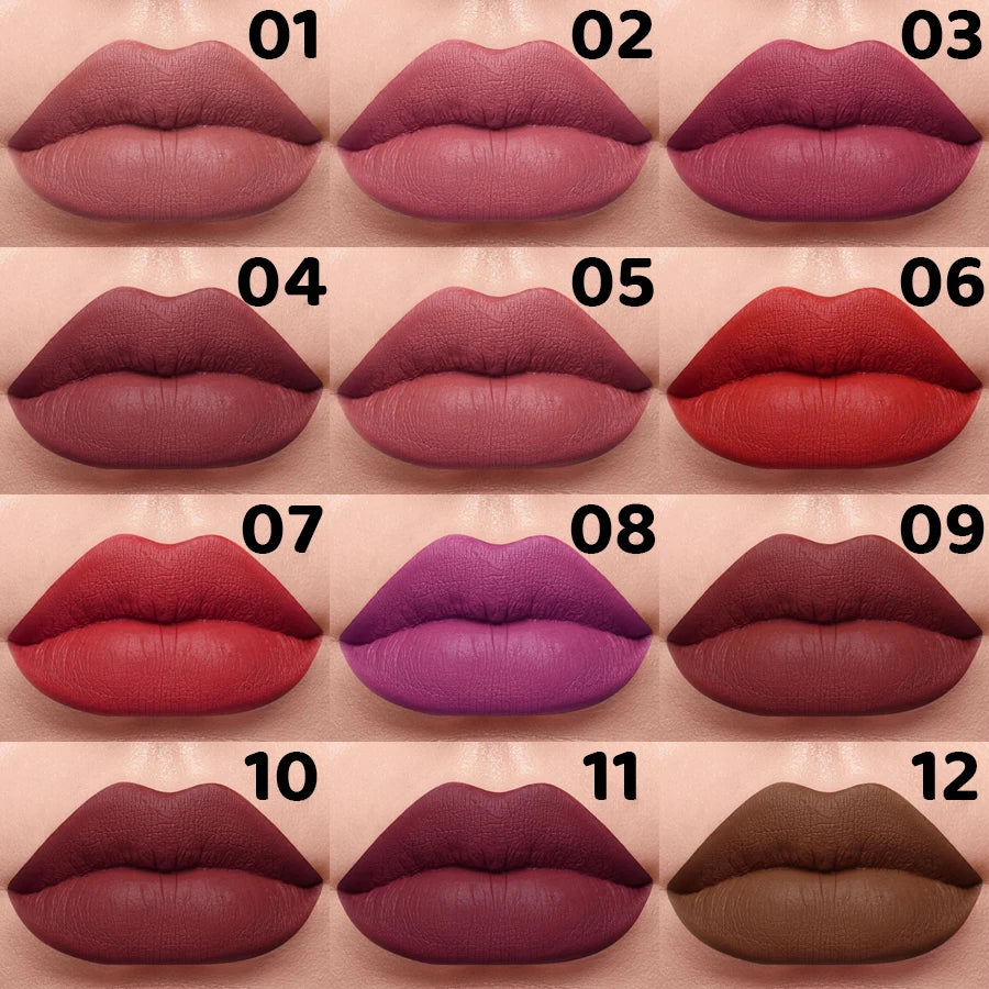 Close-up of KAFURUX matte lipstick lips – shade chart for high-pigment lip color USA UK