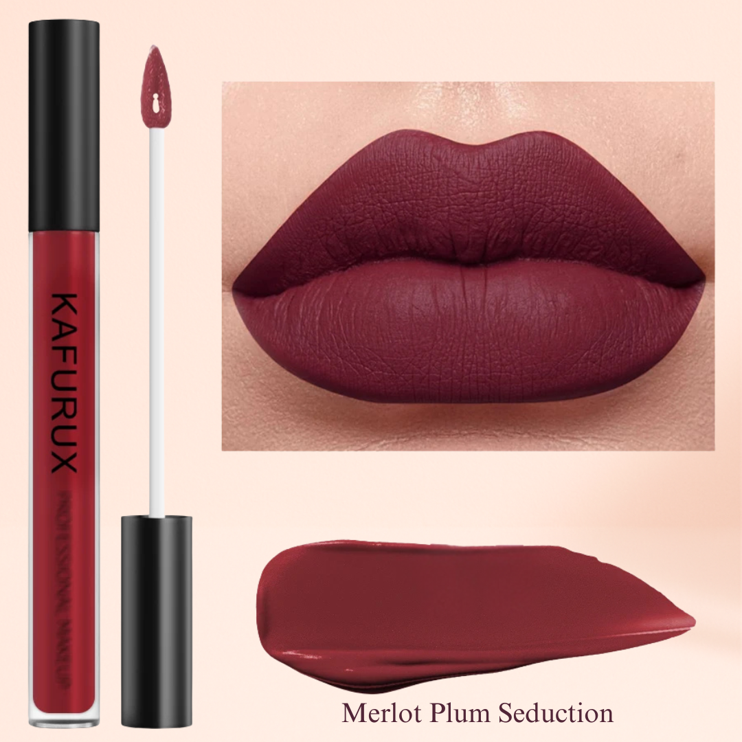 Merlot Plum Seduction – KAFURUX deep plum matte lipstick for romantic winter makeup