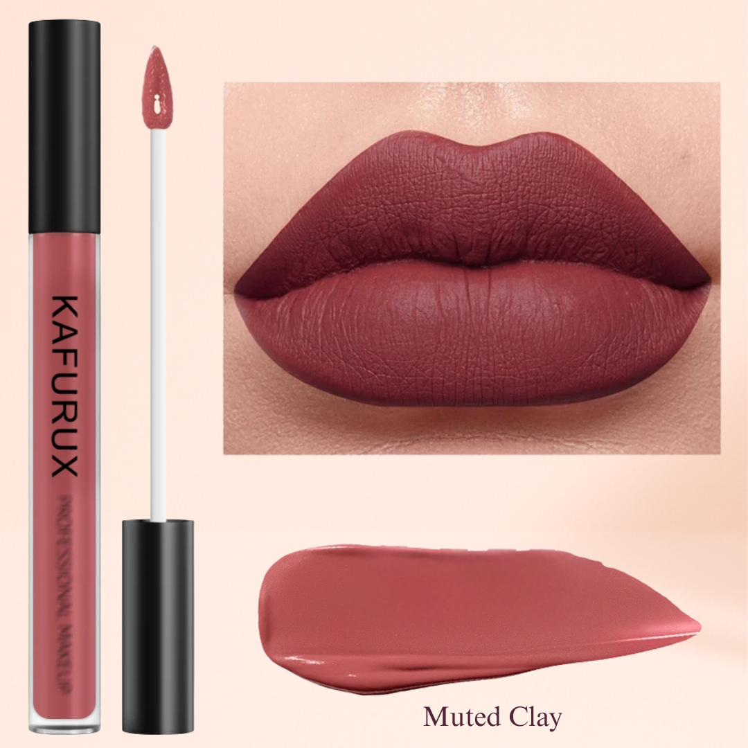 Muted Clay lipstick shade – velvet matte finish from KAFURUX for elegant, earthy lip tone