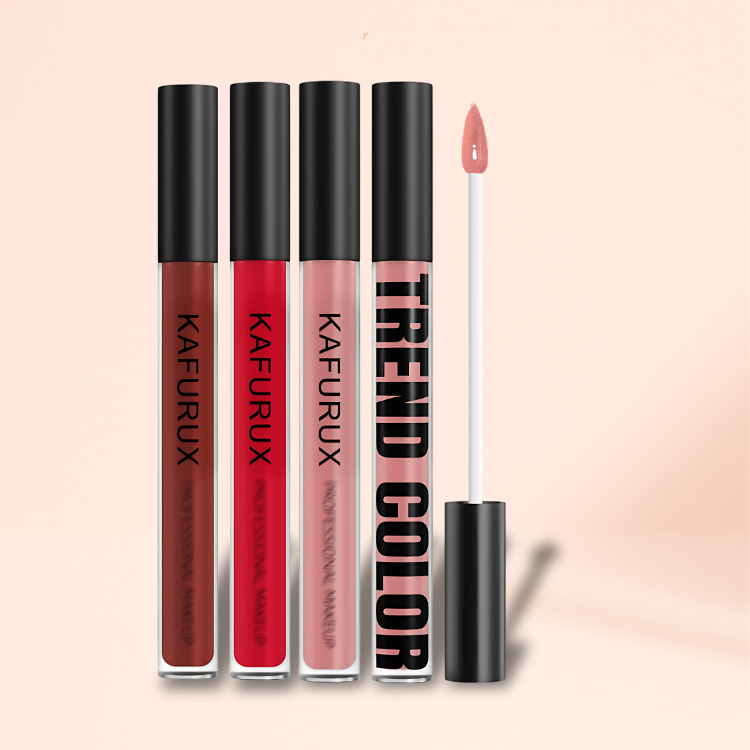 Nude, red, and rose velvet matte lipsticks by KAFURUX – high pigment liquid collection