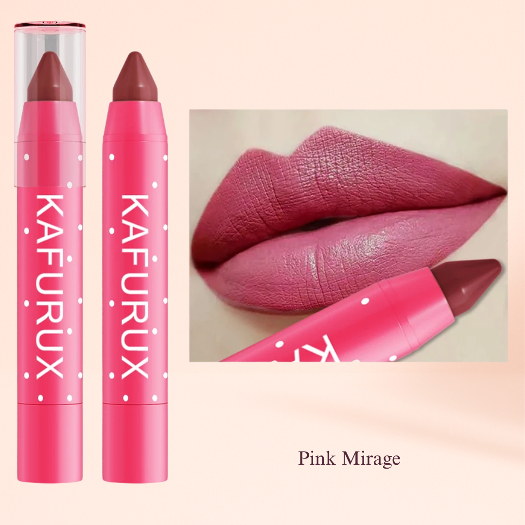 Pink Mirage waterproof lipstick crayon by KAFURUX – soft pink matte tint for natural daytime glam in Europe and USA