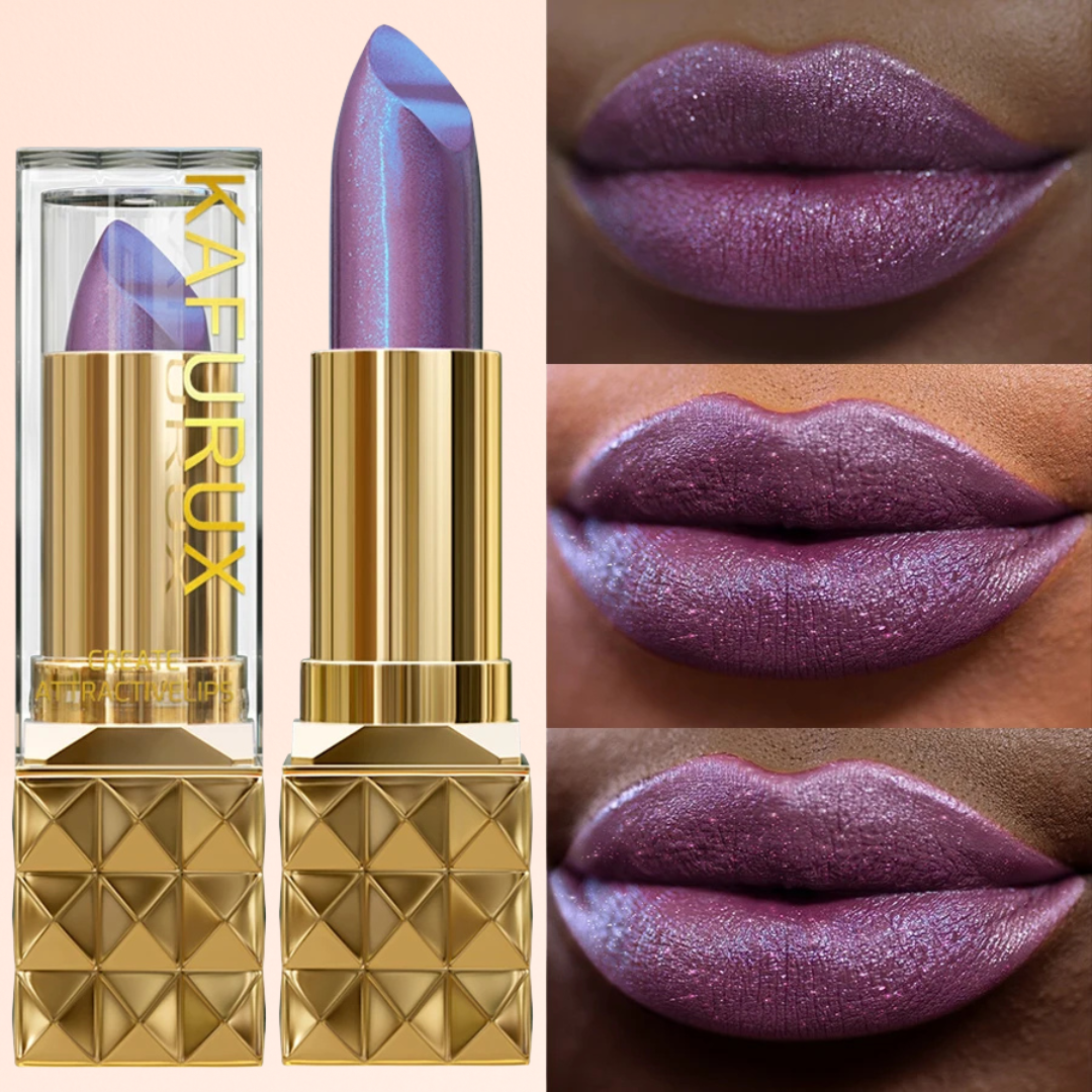 KAFURUX Lipstick Tube with Glitter Purple Swatch on Dark Skin - Long Lasting Lip Color for All Tones