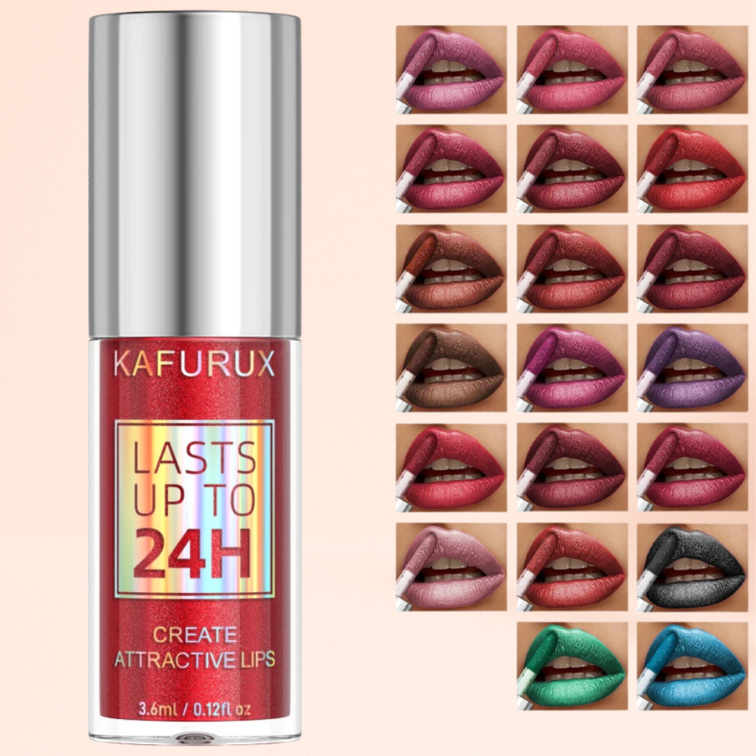 KAFURUX red shimmer lip gloss bottle with 20-shade lineup overview for EU/UK customers
