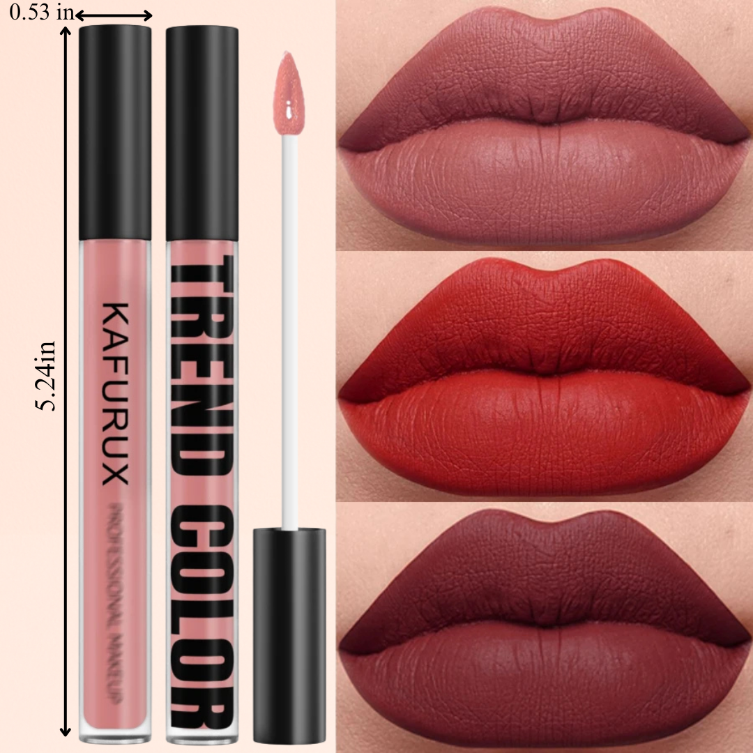 Size comparison and bold red velvet lipstick swatches from KAFURUX lip glaze range