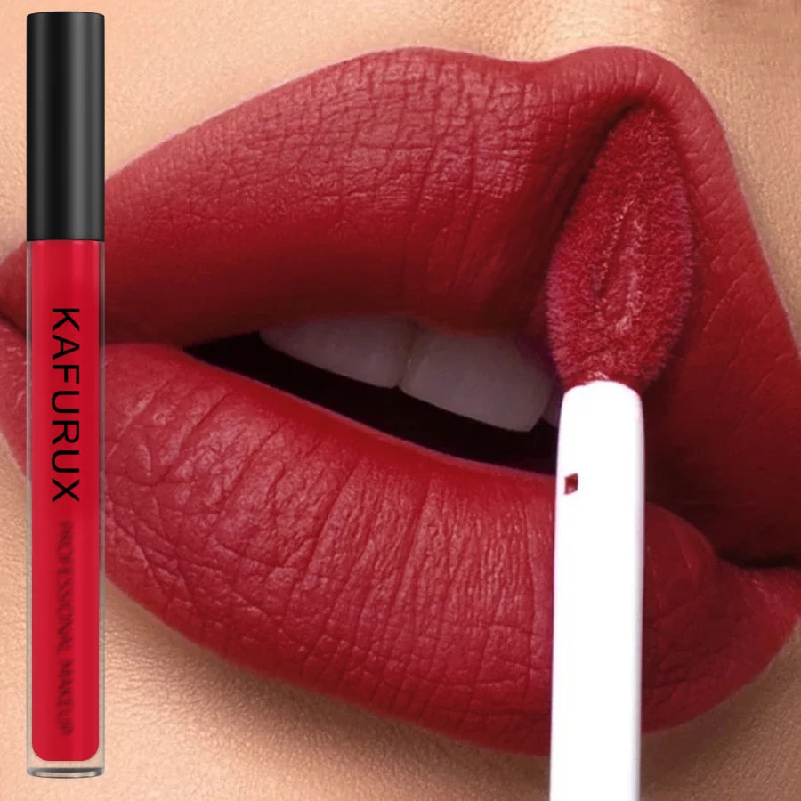 Red matte velvet lipstick close-up application – KAFURUX longwear lip glaze