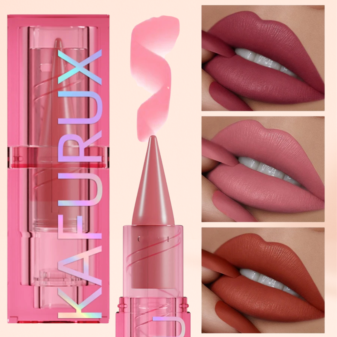 Pink nude and rose red KAFURUX matte lipstick swatches on model lips