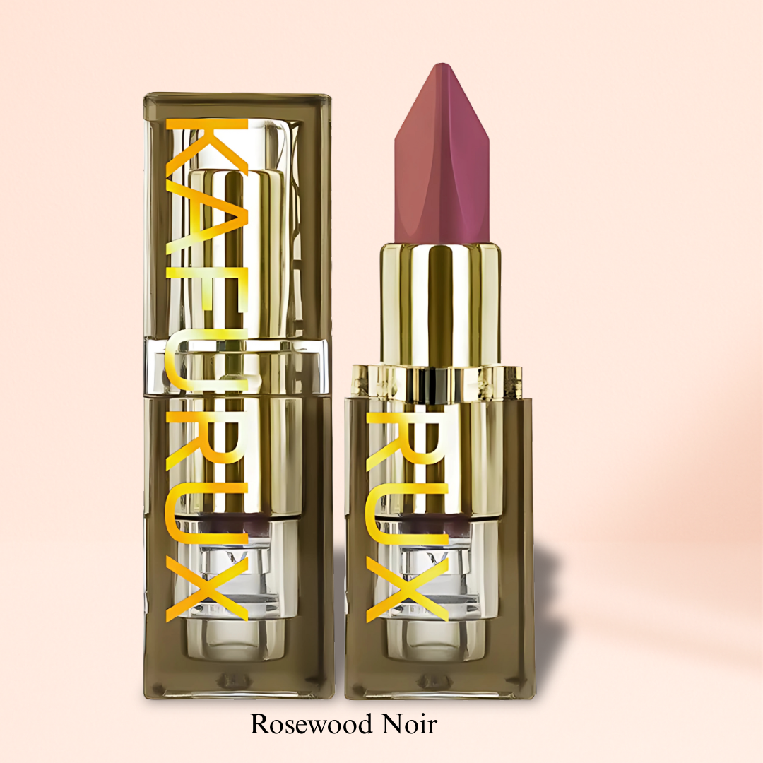 KAFURUX Rosewood Noir lipstick in deep pink matte finish with luxury gold casing for dramatic elegance
