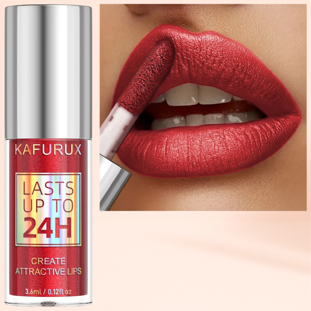 Ruby Flame Flash metallic lip gloss by KAFURUX – bold waterproof formula for US evening glam