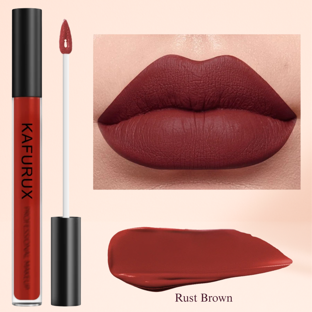 Rust Brown – earthy red-brown matte lip color for elegant and confident makeup style