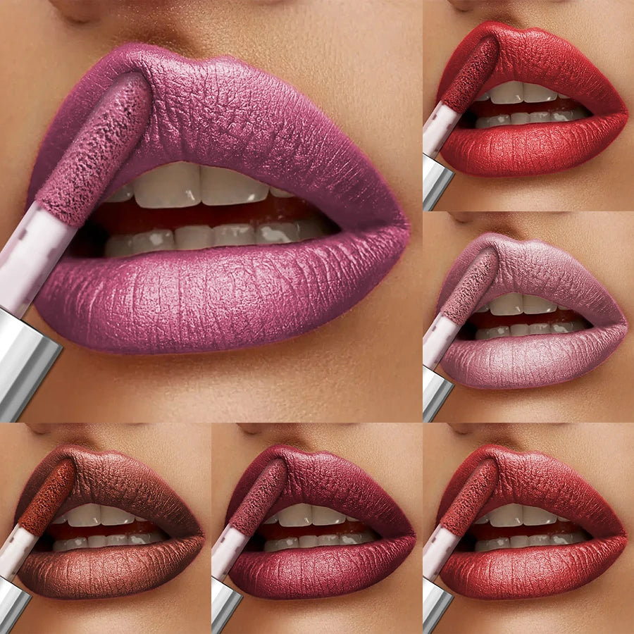 Diverse KAFURUX shimmer lip gloss shades including pink, nude, brown, red in multi-tile view