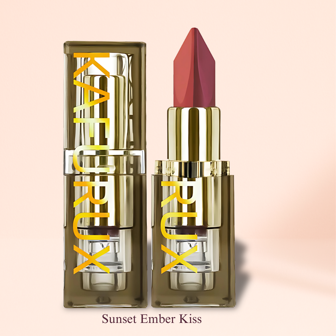KAFURUX Sunset Ember Kiss lipstick in coral-rose matte tone with golden tube for warm, radiant lips