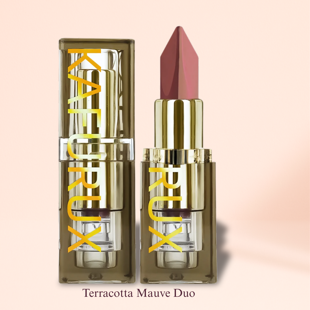 KAFURUX Terracotta Mauve Duo lipstick in earthy pink tones with luxurious golden bullet design