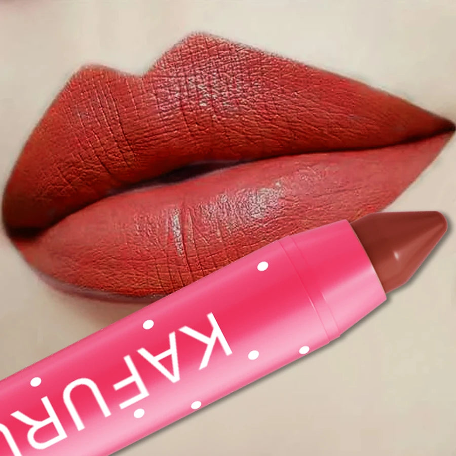 KAFURUX Matte Lipstick Pencil – Terracotta red matte lipstick crayon by KAFURUX – waterproof pencil for bold all-day wear in USA, UK