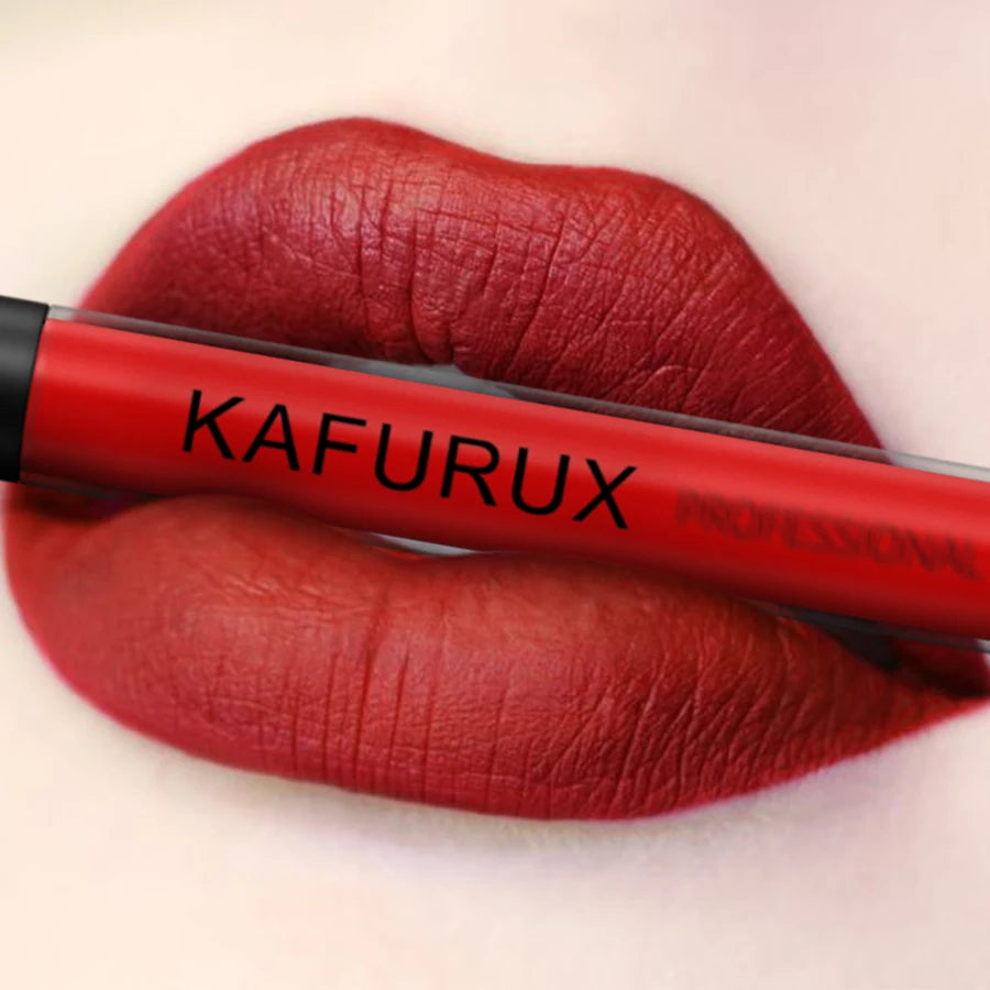 True red waterproof matte lipstick with KAFURUX logo – timeless glamour for every occasion