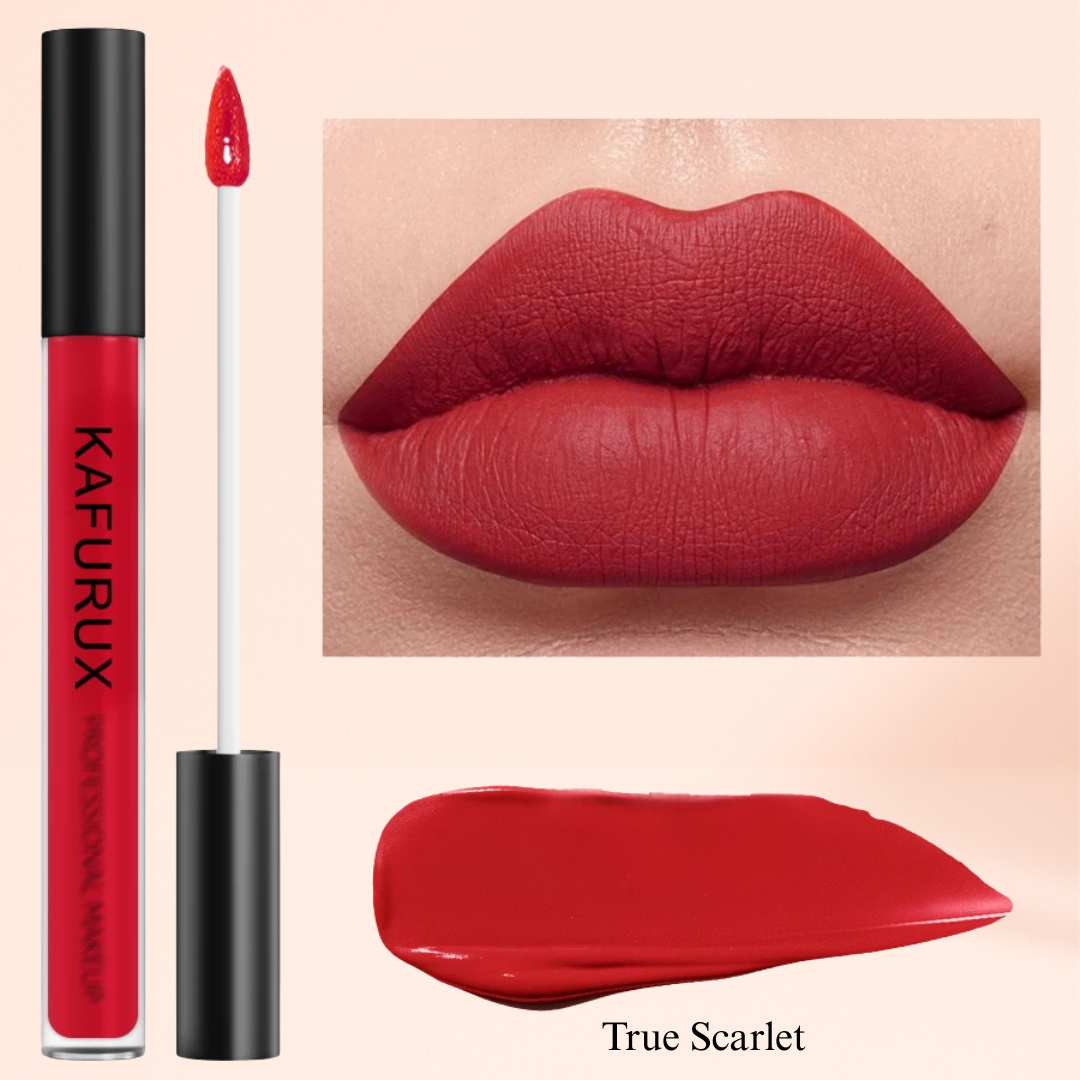 KAFURUX True Scarlet red matte lipstick – classic bold red for timeless lip glam in US & UK markets