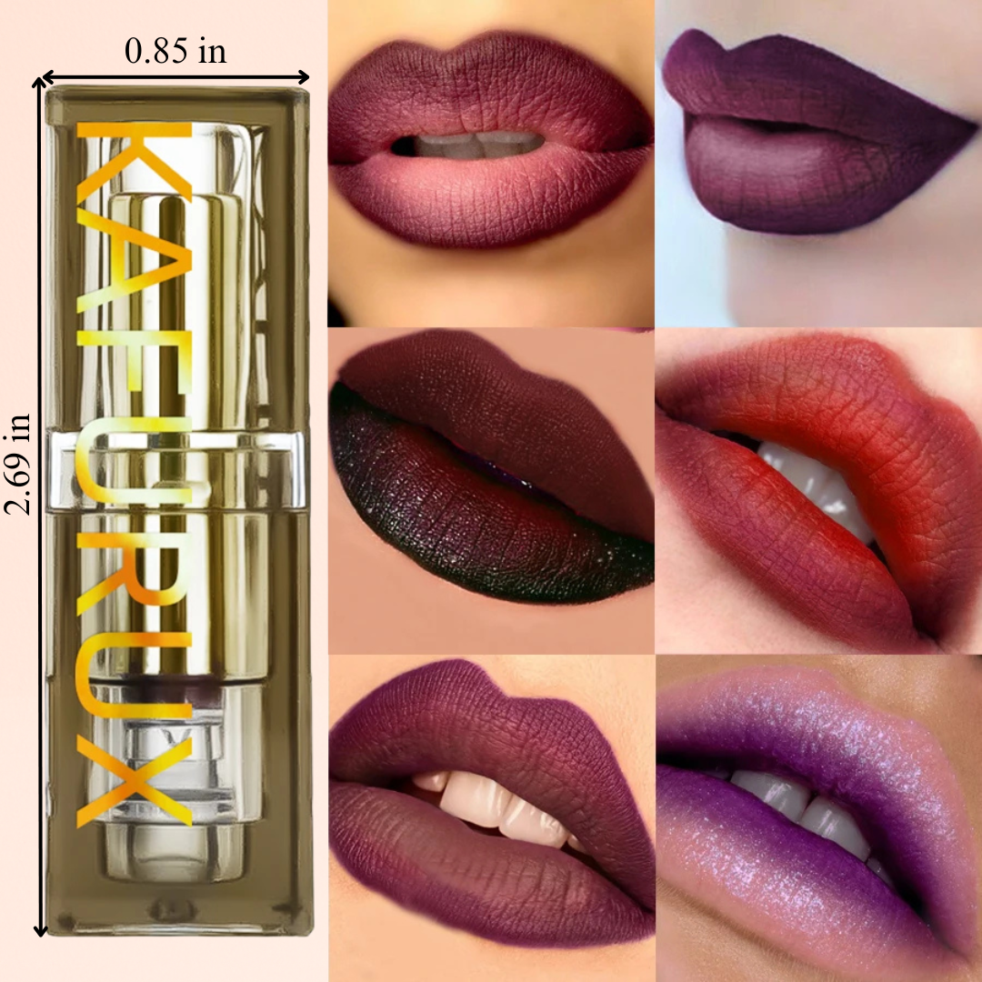 KAFURUX Lip swatches of two-tone glitter matte lipstick in red, purple, and gradient shimmer shades