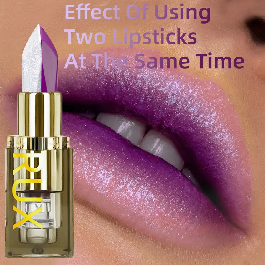Purple glitter lipstick effect showcasing two-lipstick combo on glossy shimmer lips