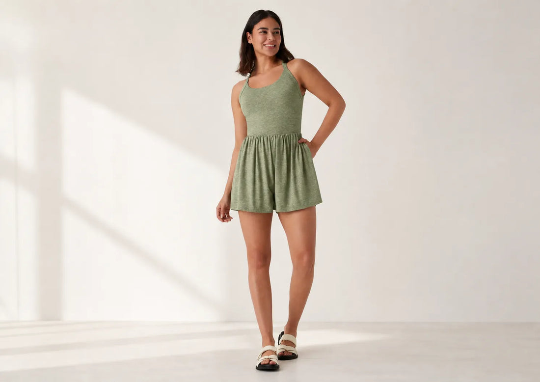 Woman wearing a backless romper shorts outfit for summer with pockets in the USA