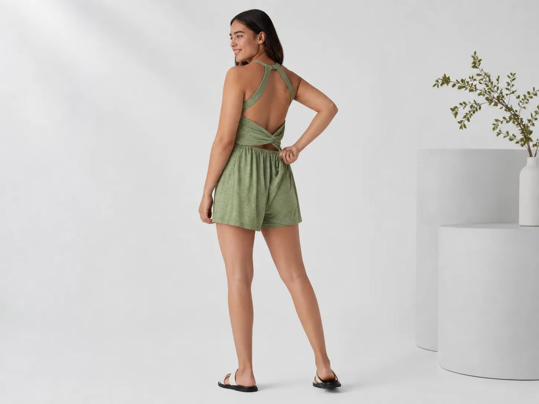 Woman wearing a women’s jumpsuit with pull down back and backless one piece design for everyday wear