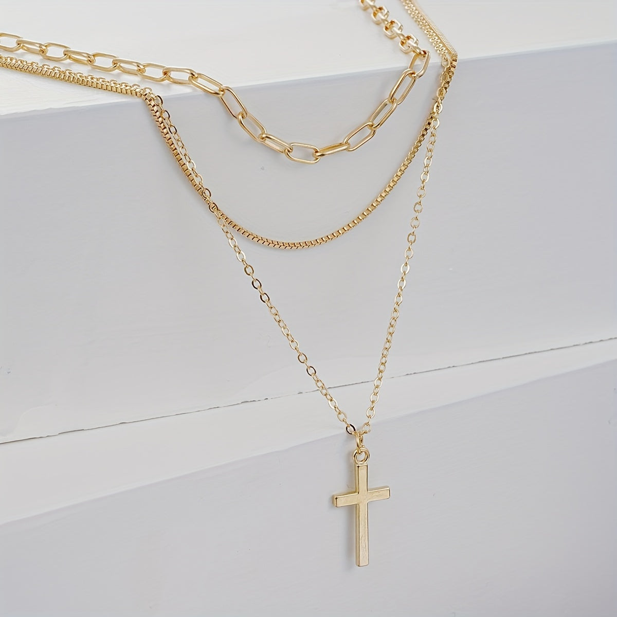 Conjunto de collar con colgante de cruz bañado en oro 3 en 1