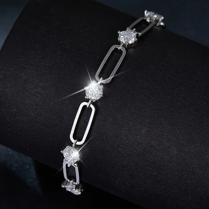 Close-up of sparkling moissanite stones in luxury 925 silver tennis bracelet