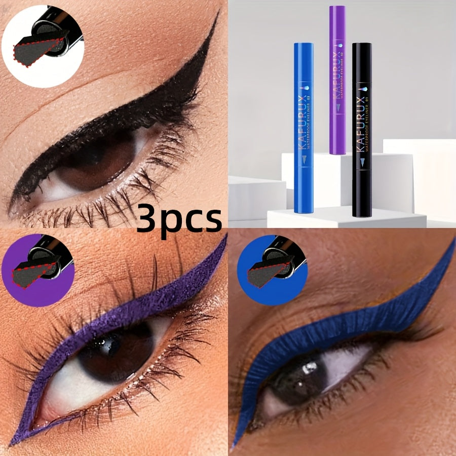 3pcs KAFURUX Waterproof Eyeliner - Black, Blue, Purple - Perfect for Clear Eye Contours & Travel Makeup, Travel Makeup Essentials | Vibrant Eyeliner | Waterproof Liner