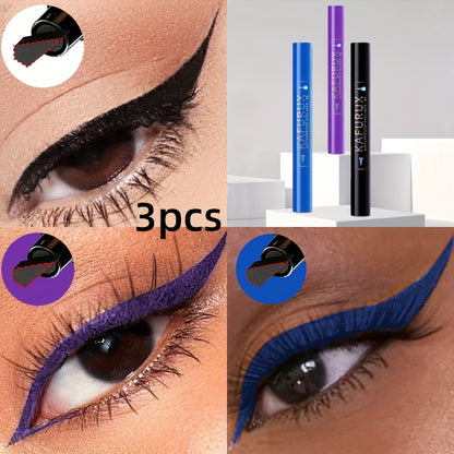3pcs KAFURUX Waterproof Eyeliner - Black, Blue, Purple - Perfect for Clear Eye Contours & Travel Makeup, Travel Makeup Essentials | Vibrant Eyeliner | Waterproof Liner