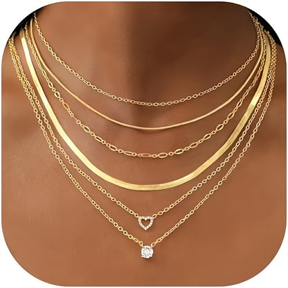 Conjunto de 6 delicados collares con cadena de serpiente en capas y colgante de corazón