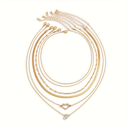 Conjunto de 6 delicados collares con cadena de serpiente en capas y colgante de corazón