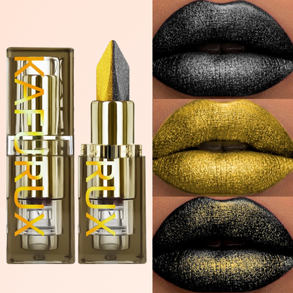 KAFURUX Midnight Gold Dual-Tone Glitter Lipstick – Black & Yellow Matte Tint for Lips & Eyes