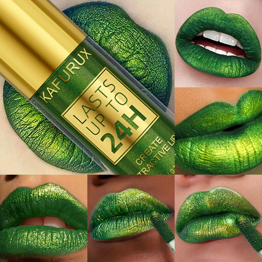 1pc KAFURX Waterproof Lip Glaze, 24H Long-Lasting Shine, Non-Sticky, Natural Fresh Scent, Pearlescent Finish, All Skin Types, Green Tone Paste Form