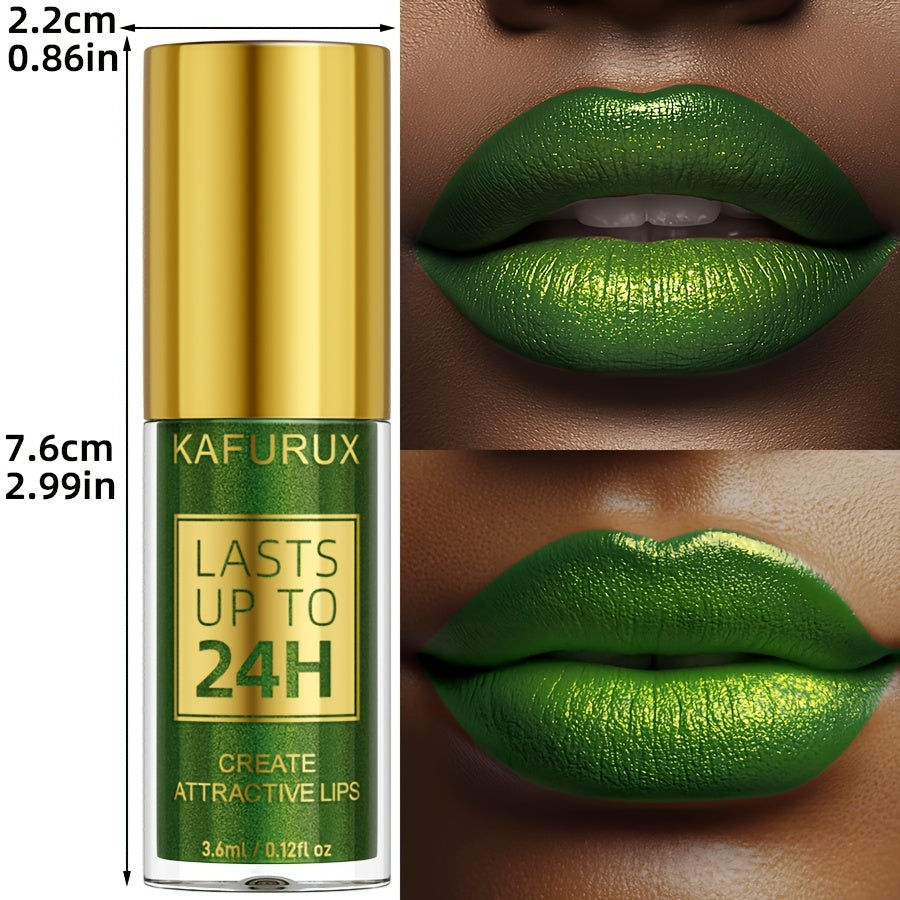 1pc KAFURX Waterproof Lip Glaze, 24H Long-Lasting Shine, Non-Sticky, Natural Fresh Scent, Pearlescent Finish, All Skin Types, Green Tone Paste Form