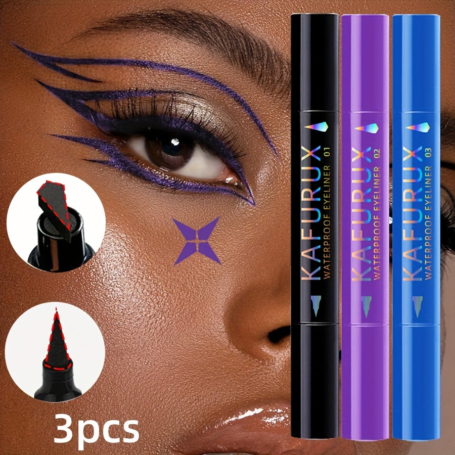 3pcs KAFURUX Waterproof Eyeliner - Black, Blue, Purple - Perfect for Clear Eye Contours & Travel Makeup, Travel Makeup Essentials | Vibrant Eyeliner | Waterproof Liner