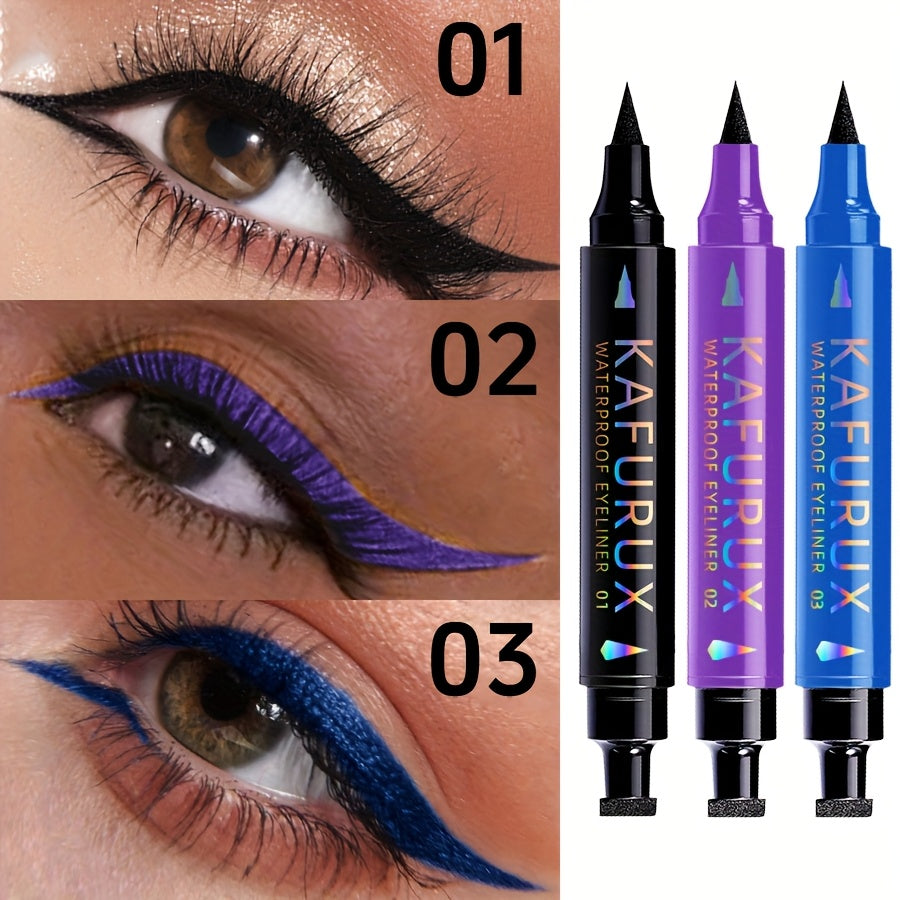 3pcs KAFURUX Waterproof Eyeliner - Black, Blue, Purple - Perfect for Clear Eye Contours & Travel Makeup, Travel Makeup Essentials | Vibrant Eyeliner | Waterproof Liner