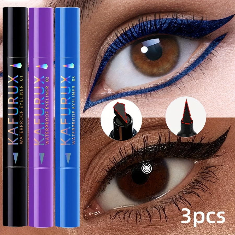 3pcs KAFURUX Waterproof Eyeliner - Black, Blue, Purple - Perfect for Clear Eye Contours & Travel Makeup, Travel Makeup Essentials | Vibrant Eyeliner | Waterproof Liner