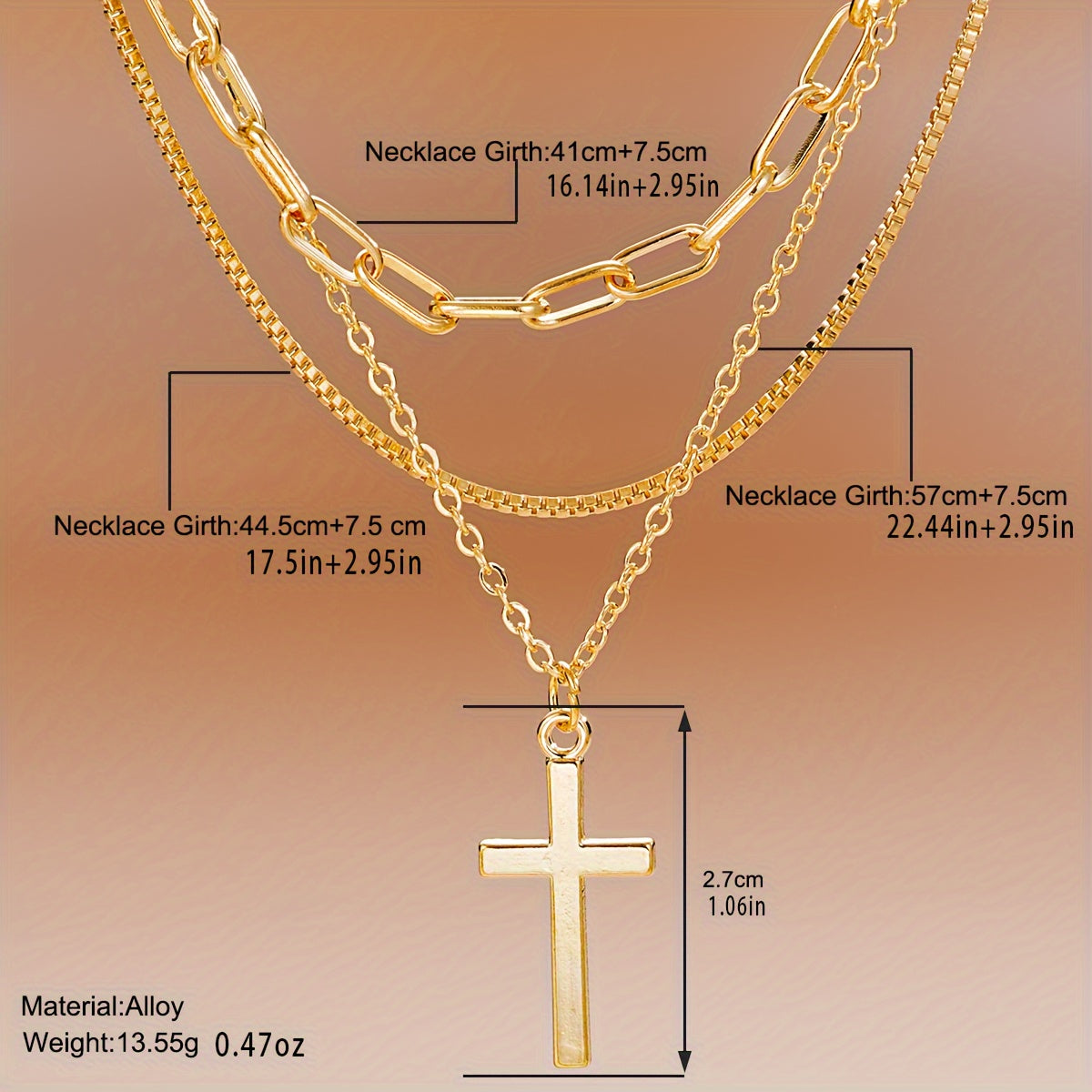 Conjunto de collar con colgante de cruz bañado en oro 3 en 1