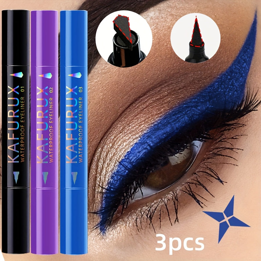 3pcs KAFURUX Waterproof Eyeliner - Black, Blue, Purple - Perfect for Clear Eye Contours & Travel Makeup, Travel Makeup Essentials | Vibrant Eyeliner | Waterproof Liner