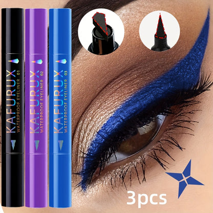 3pcs KAFURUX Waterproof Eyeliner - Black, Blue, Purple - Perfect for Clear Eye Contours & Travel Makeup, Travel Makeup Essentials | Vibrant Eyeliner | Waterproof Liner