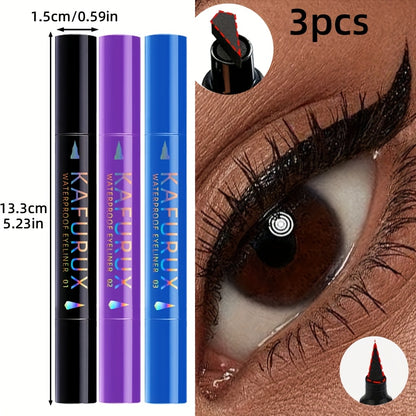 3pcs KAFURUX Waterproof Eyeliner - Black, Blue, Purple - Perfect for Clear Eye Contours & Travel Makeup, Travel Makeup Essentials | Vibrant Eyeliner | Waterproof Liner