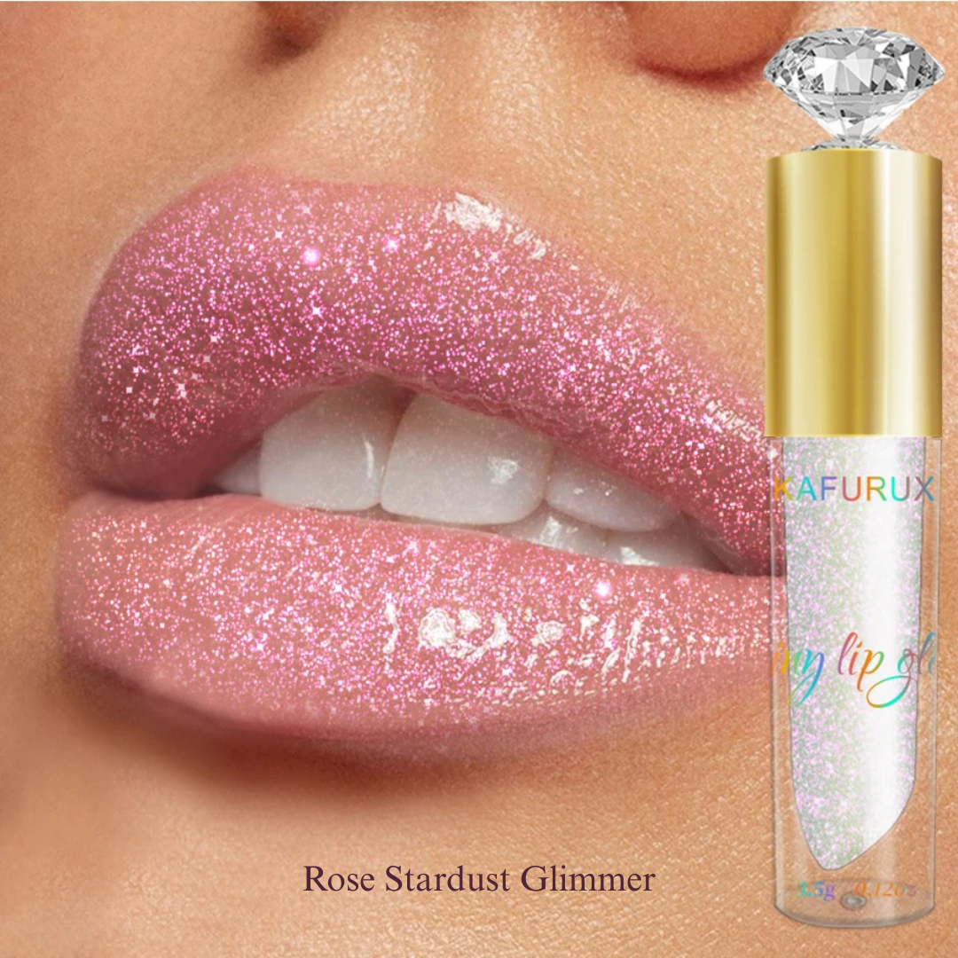 KAFURUX 1pc Diamond Shimmer Glitter Lip Gloss – Moisturizing Liquid Lip Gloss in 9 Pearl and Glitter Shades - Rose