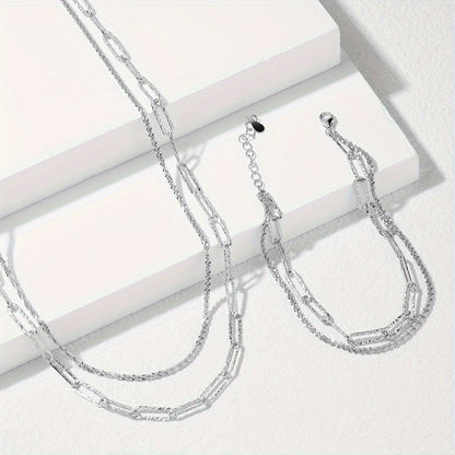 Conjunto de collar y pulsera multicapa de plata de ley S925
