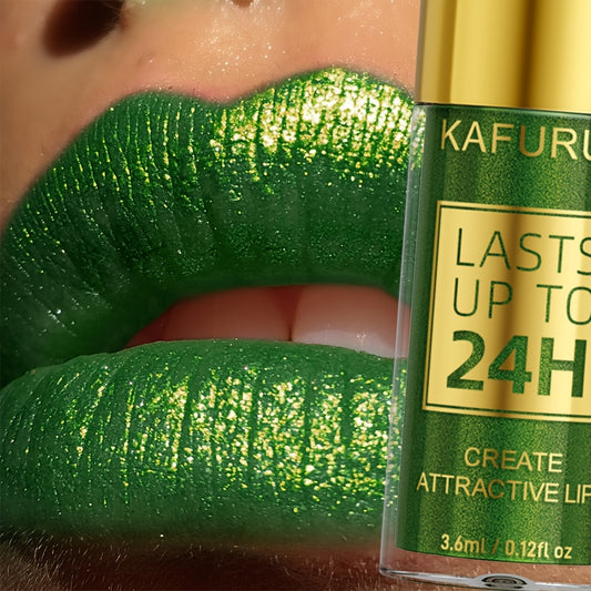 KAFURU 3.6ml Green Lip Glaze, Shiny Finish, Fuller-Looking, All Skin Types, Pearlescent Sparkle, Long-Lasting 24H, Paste Form