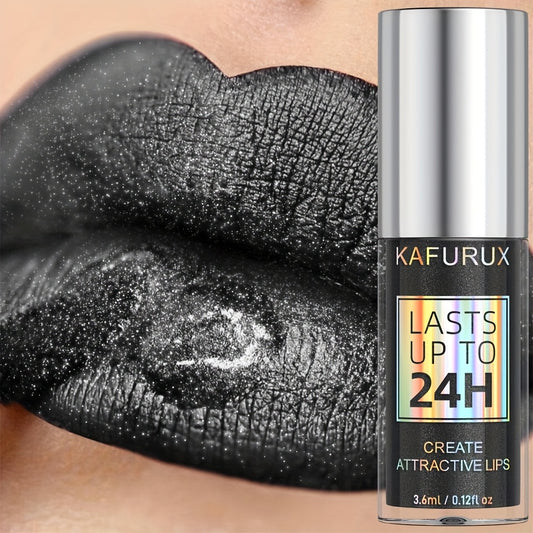 KAFURUX 24H Lasts Up to 24 Hours - Black Luster Lip Glaze, Sweatproof & Waterproof, Shimmering Pearlescent Finish, Portable Travel-Friendly Makeup for All Light Beige Types