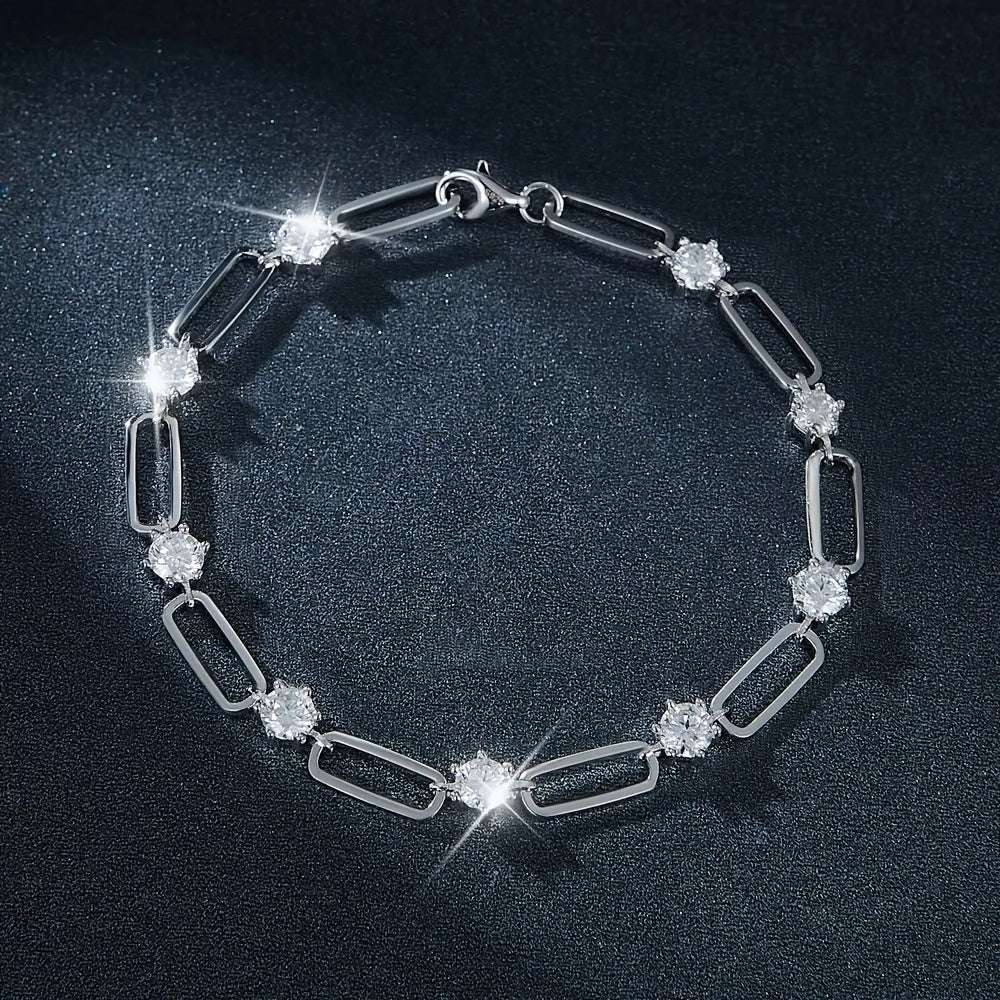Full view of moissanite tennis bracelet showcasing dainty silver design