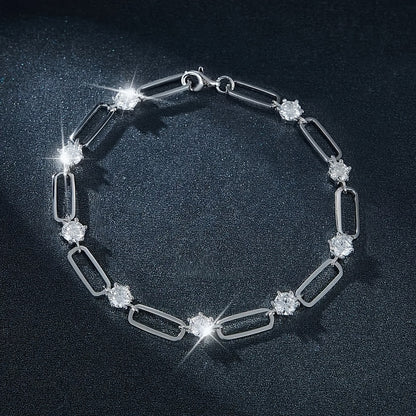 Full view of moissanite tennis bracelet showcasing dainty silver design