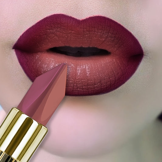 [1pc Waterproof Dual-Tone Lipstick] 1pc KAFURUX Dual-Tone Matte Lipstick, Waterproof Creamy Formula, All Skin Types, Brown & Red Shades, Beginner-Friendly