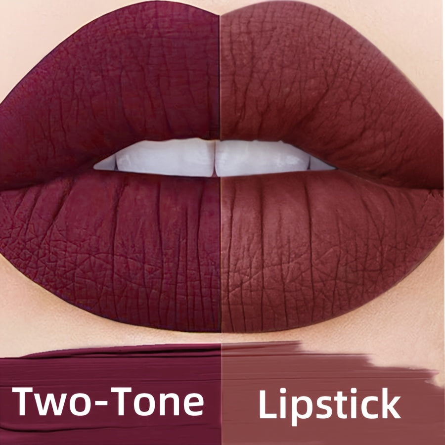 [1pc Waterproof Dual-Tone Lipstick] 1pc KAFURUX Dual-Tone Matte Lipstick, Waterproof Creamy Formula, All Skin Types, Brown & Red Shades, Beginner-Friendly