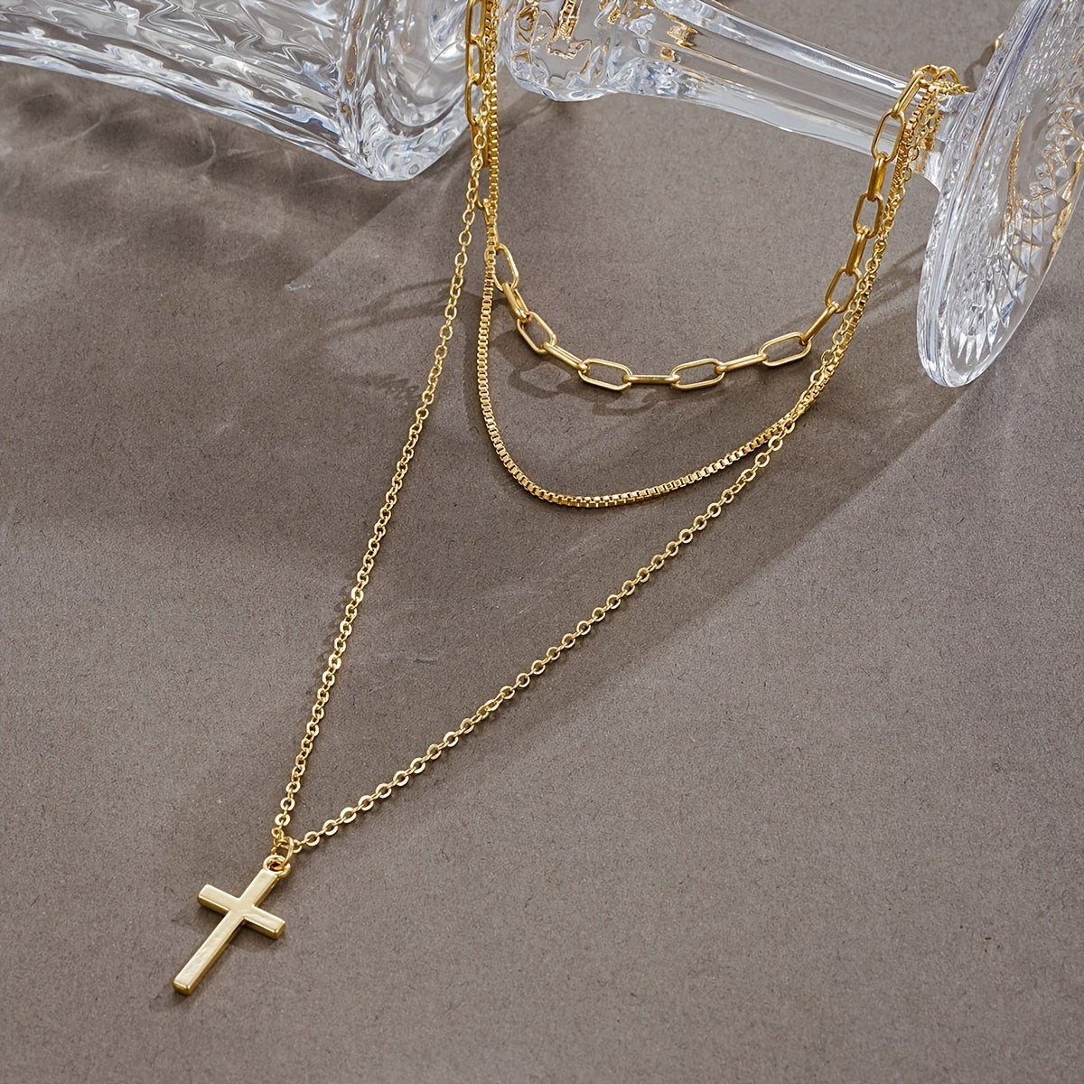 Conjunto de collar con colgante de cruz bañado en oro 3 en 1