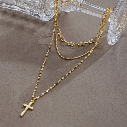 Conjunto de collar con colgante de cruz bañado en oro 3 en 1